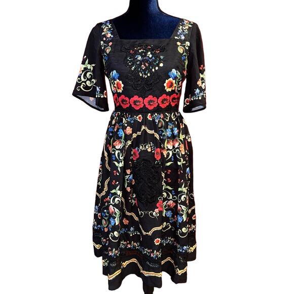 By Megan black floral embroidered dress womens M square neck midi 3/4 sleeve NWT - Picture 1 of 13
